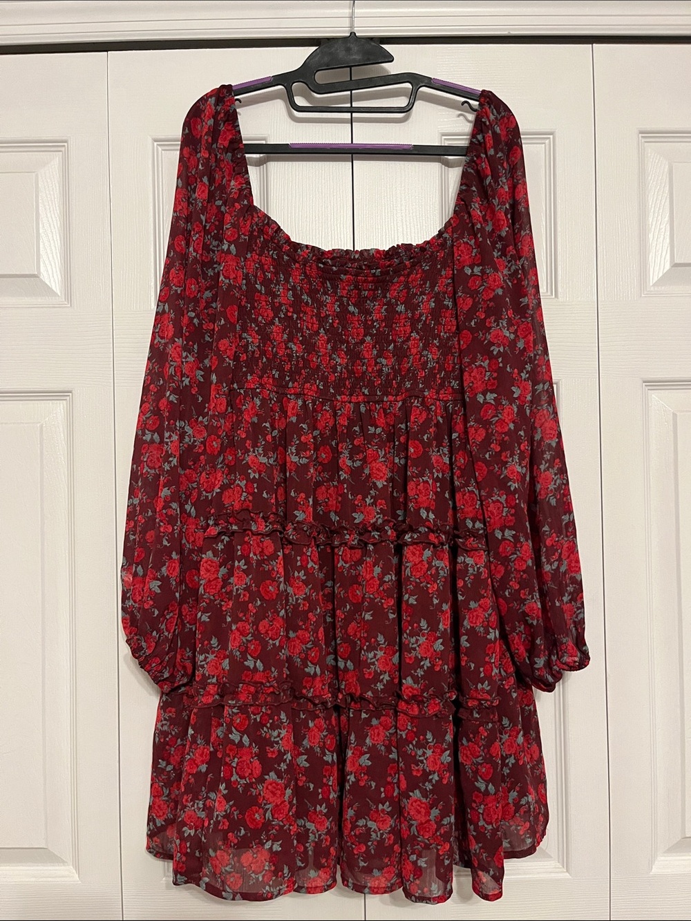 ARULA Red Floral Long-Sleeve Tiered Peasant Dress